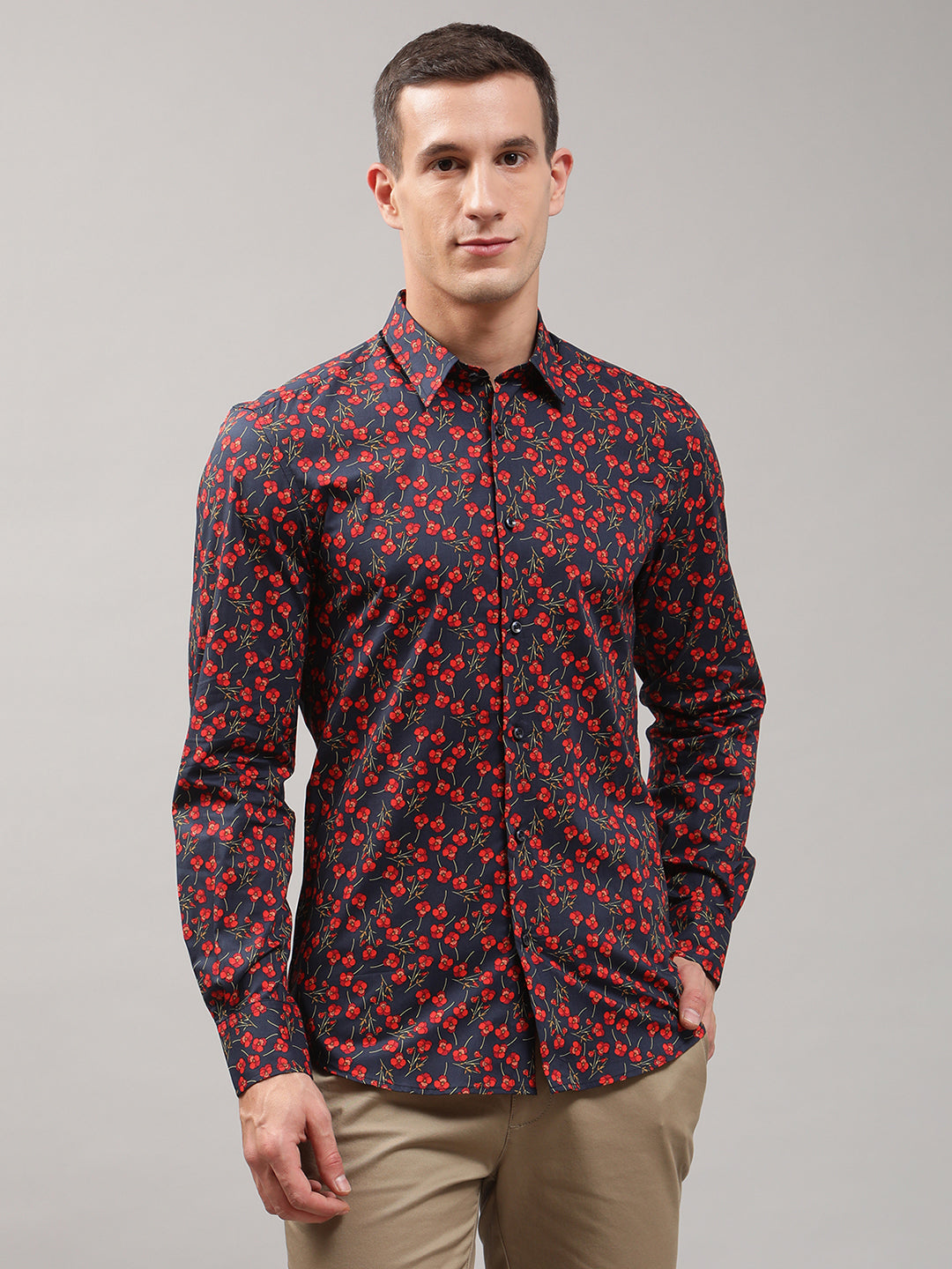 Antony Morato Men Navy Blue  Red Classic Floral Printed Formal Shirt