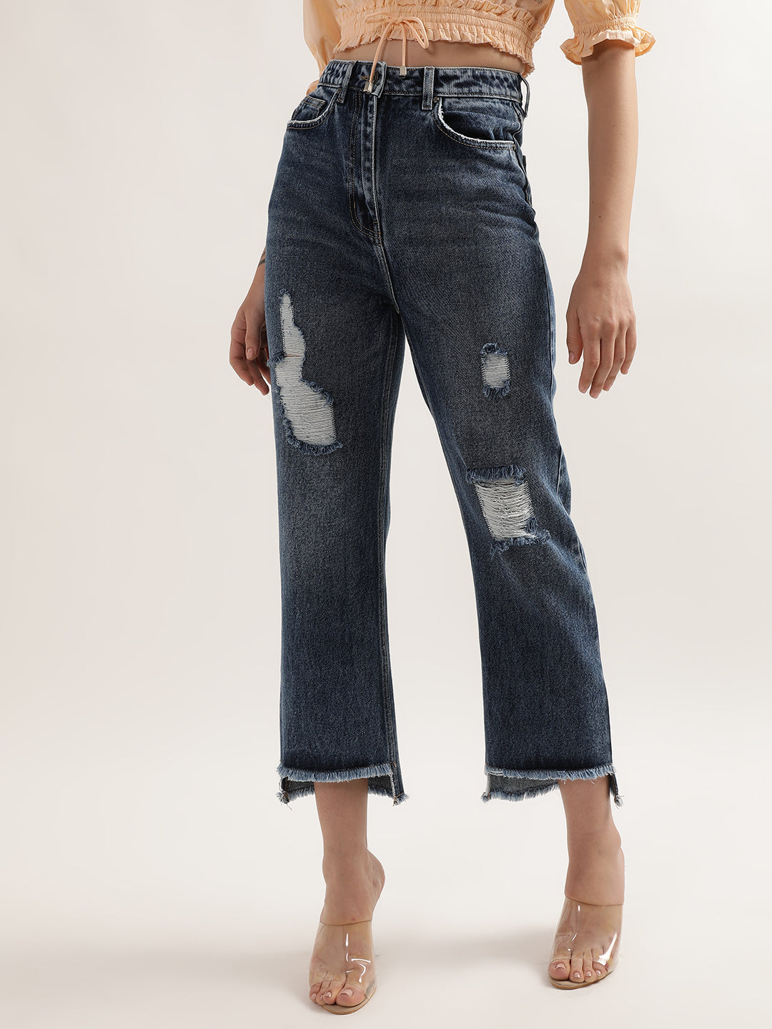 Elle Women Mid Blue Solid Regular Fit Jeans