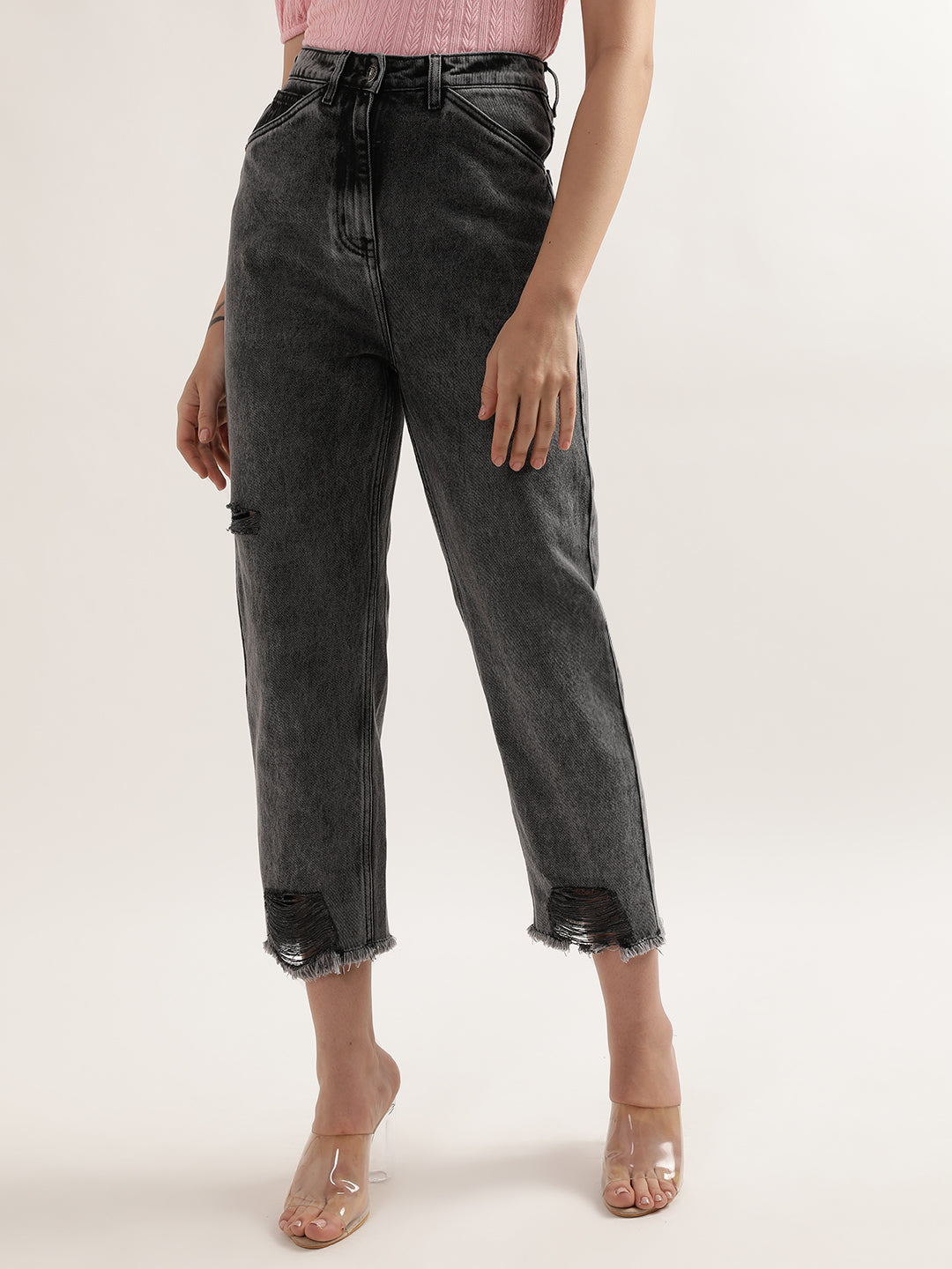 Elle Women Grey Solid Regular Fit Jeans
