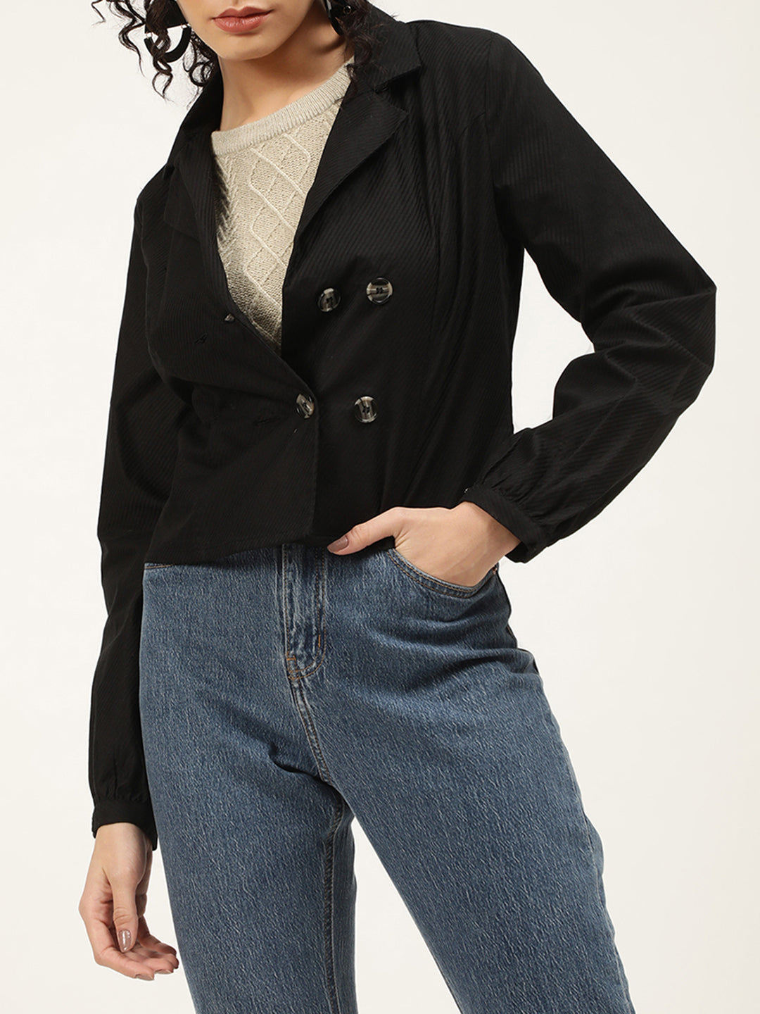 Elle Women Black Solid Collar Top