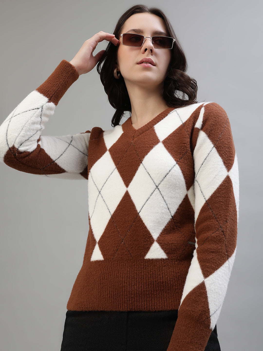 Iconic Women Checked Full Sleeves V Neck Sweater