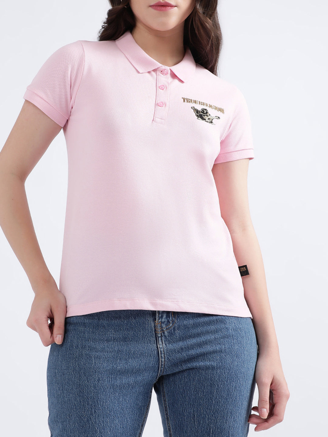 True Religion Women Pink Solid Polo TShirt