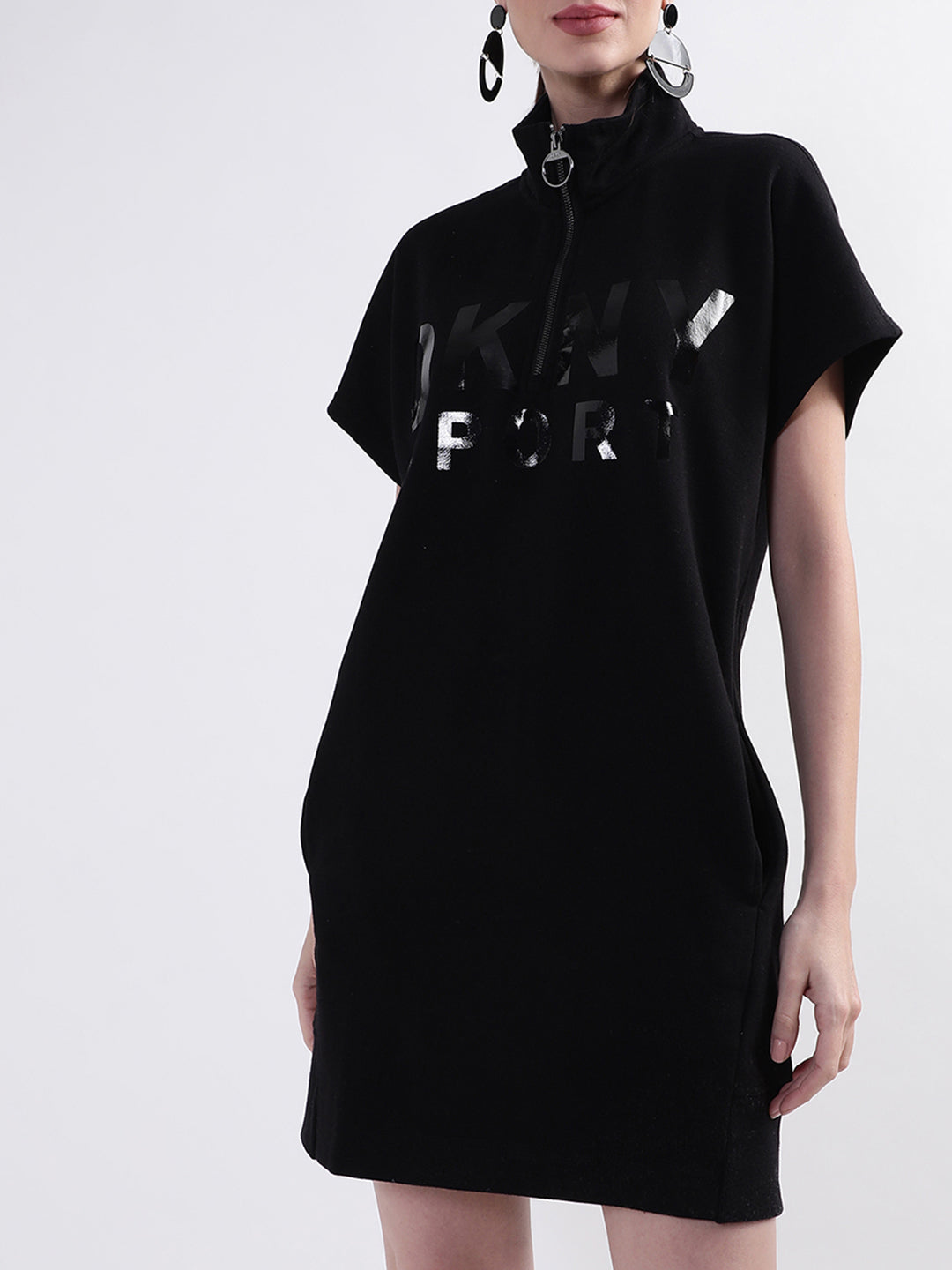 DKNY Women Black Solid High Neck Dress