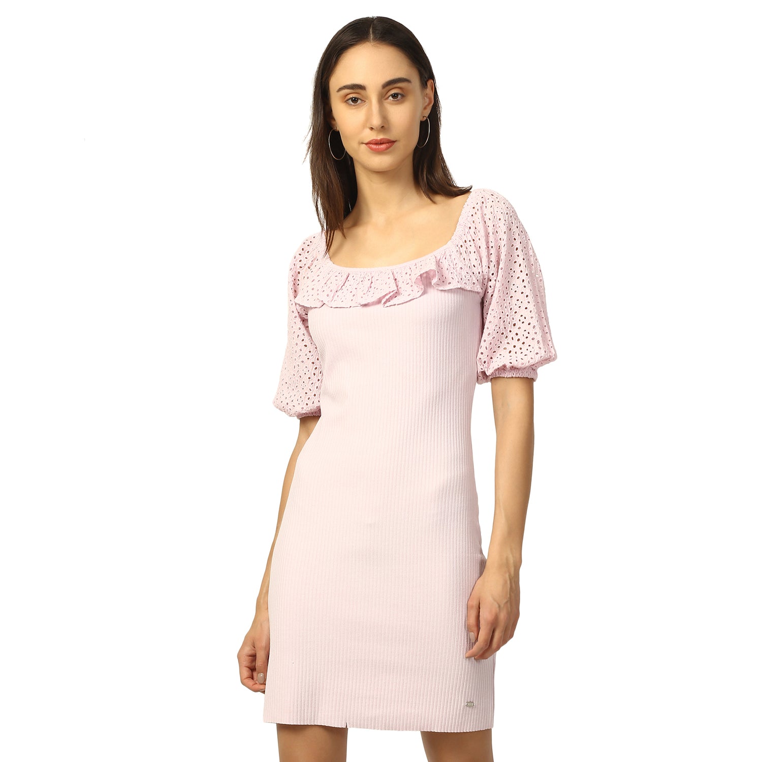 Elle Women Lilac Solid Round Neck Dress