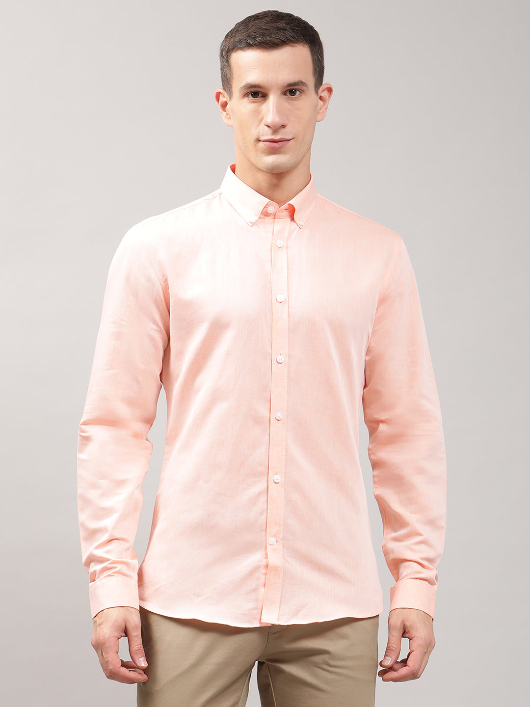 Lindbergh Men Peach Solid Button Down Shirt