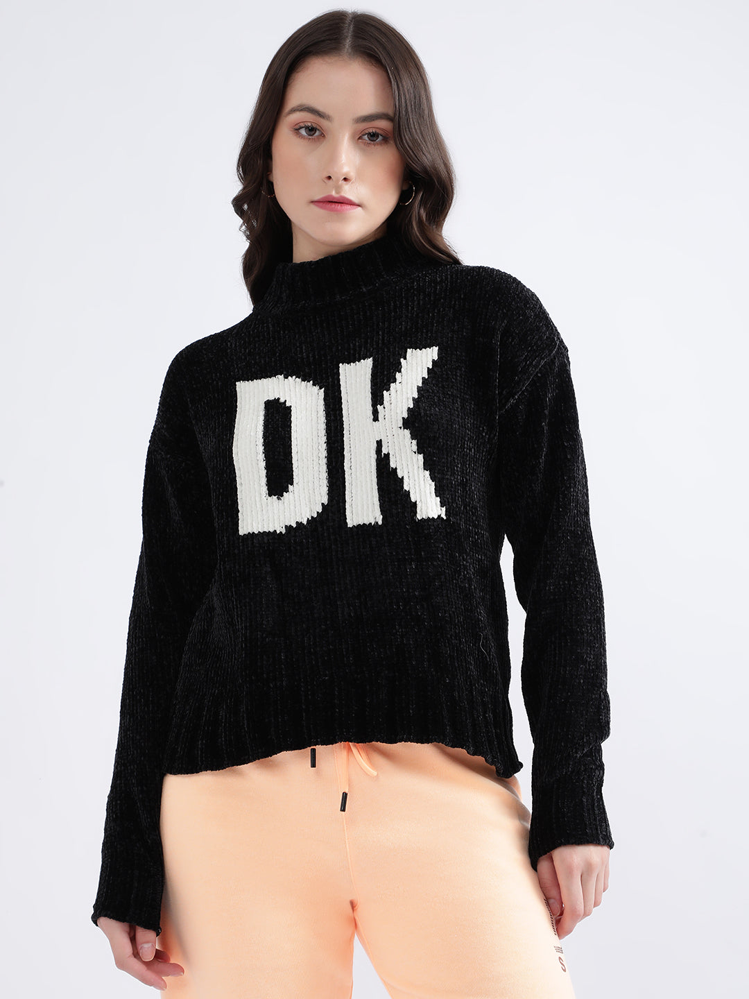 DKNY Women Black Printed Turtle Neck Sweater
