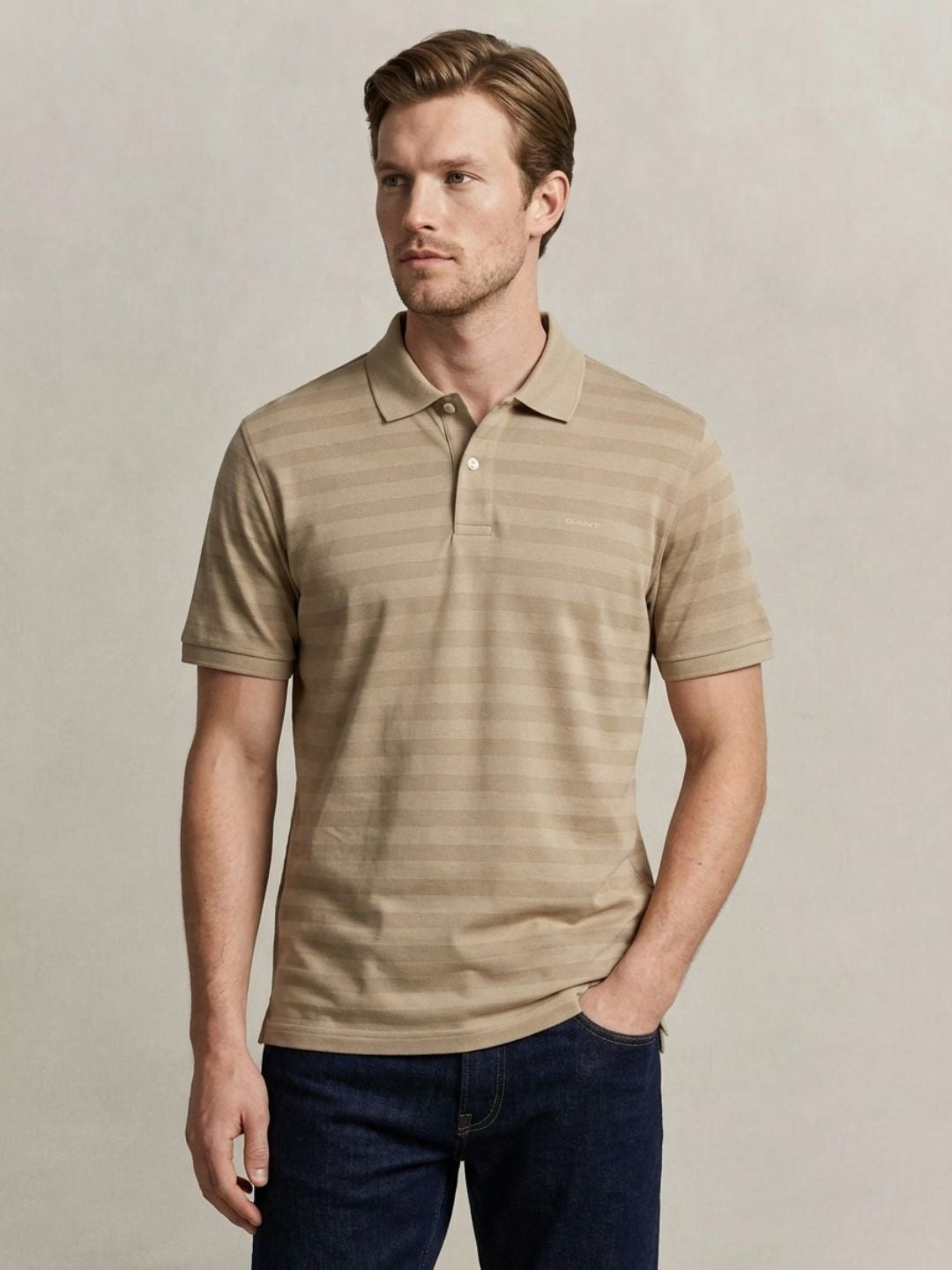 Gant Men Beige Striped Regular Fit Pure Cotton Polo T-Shirt