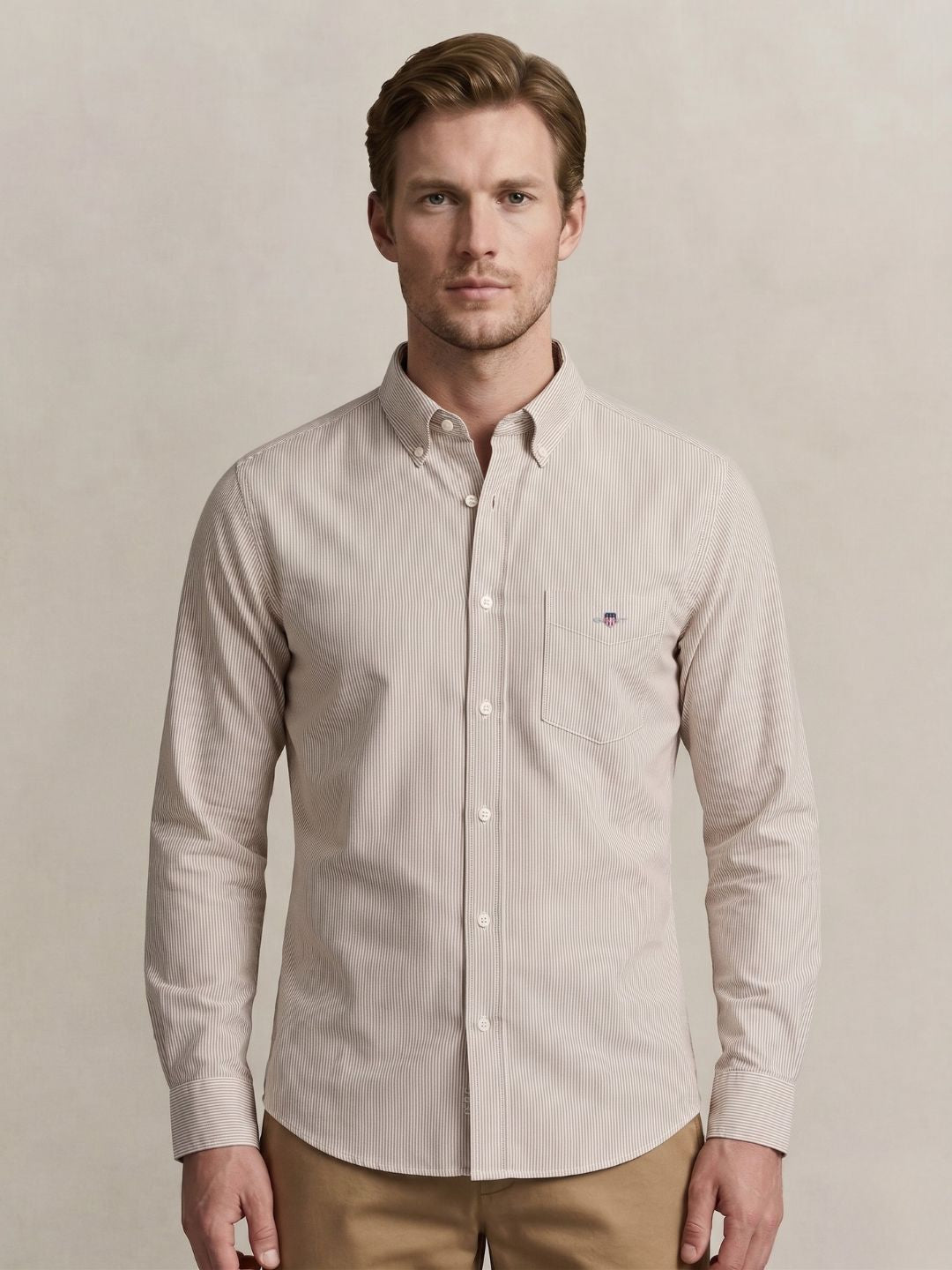 Gant Men Beige Striped Regular Fit Classic Poplin Shirt