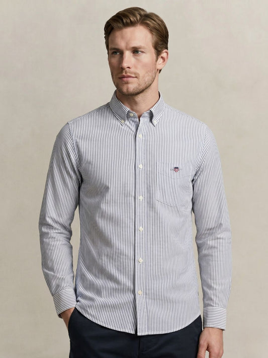 Gant Men Blue Striped Regular Fit Classic Oxford Shirt