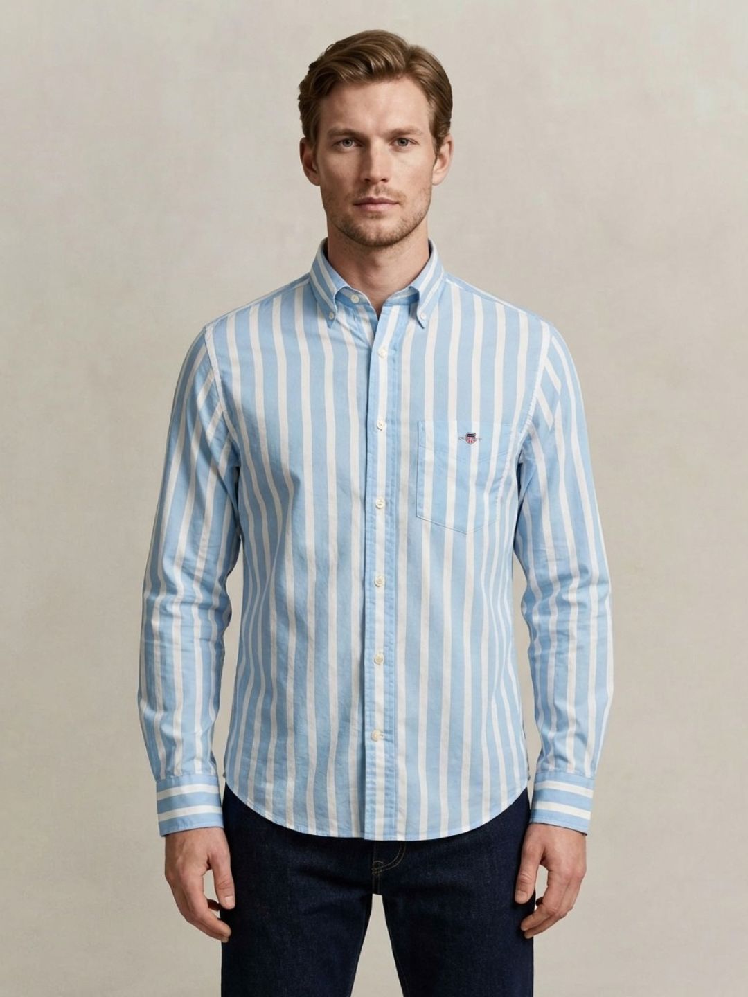 Gant Men Blue Striped Regular Fit Classic Poplin Shirt