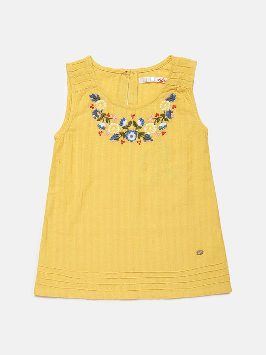 Elle Kids Girls Yellow Embroidered Round Neck Top