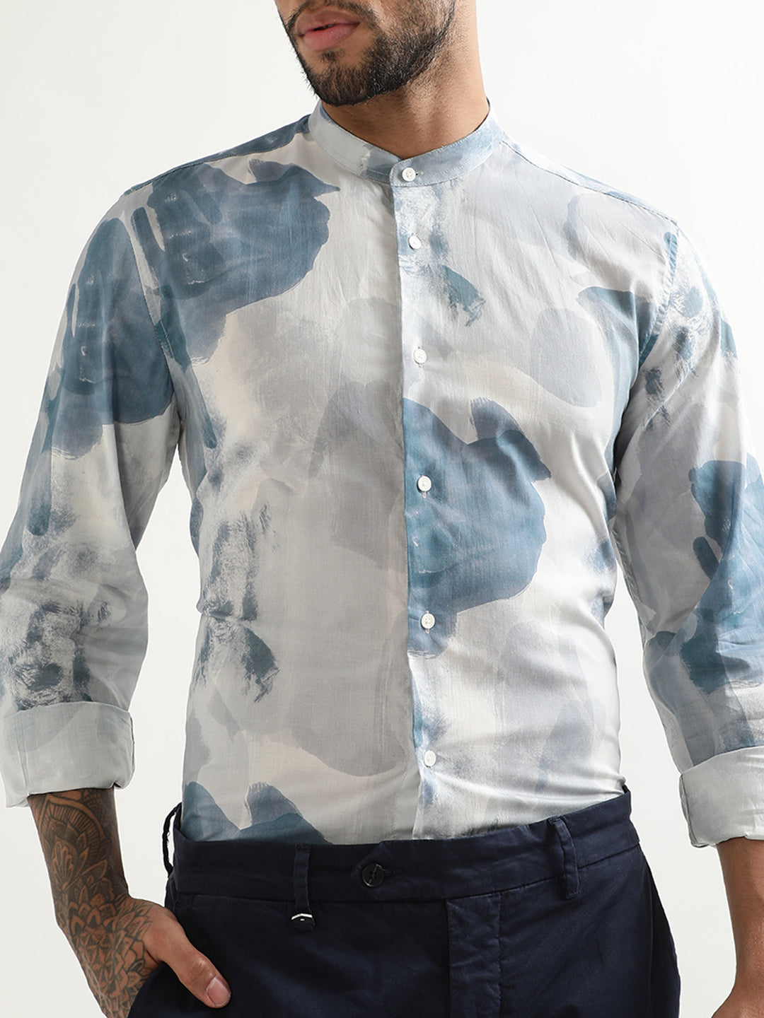Antony Morato Printed Band Collar Slim Fit Opaque Cotton Casual Shirt