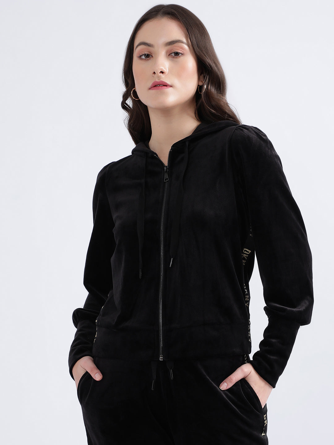 DKNY Women Black Solid Hooded Sweatshirt