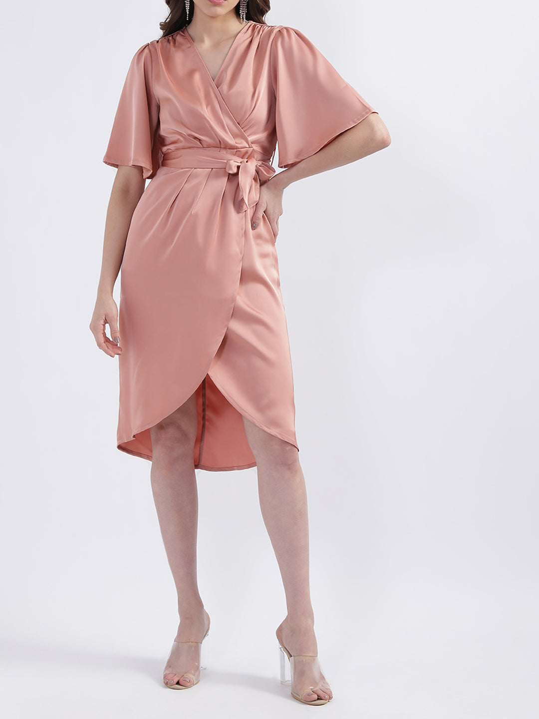 Centre Stage Women Peach Solid V Neck Dress