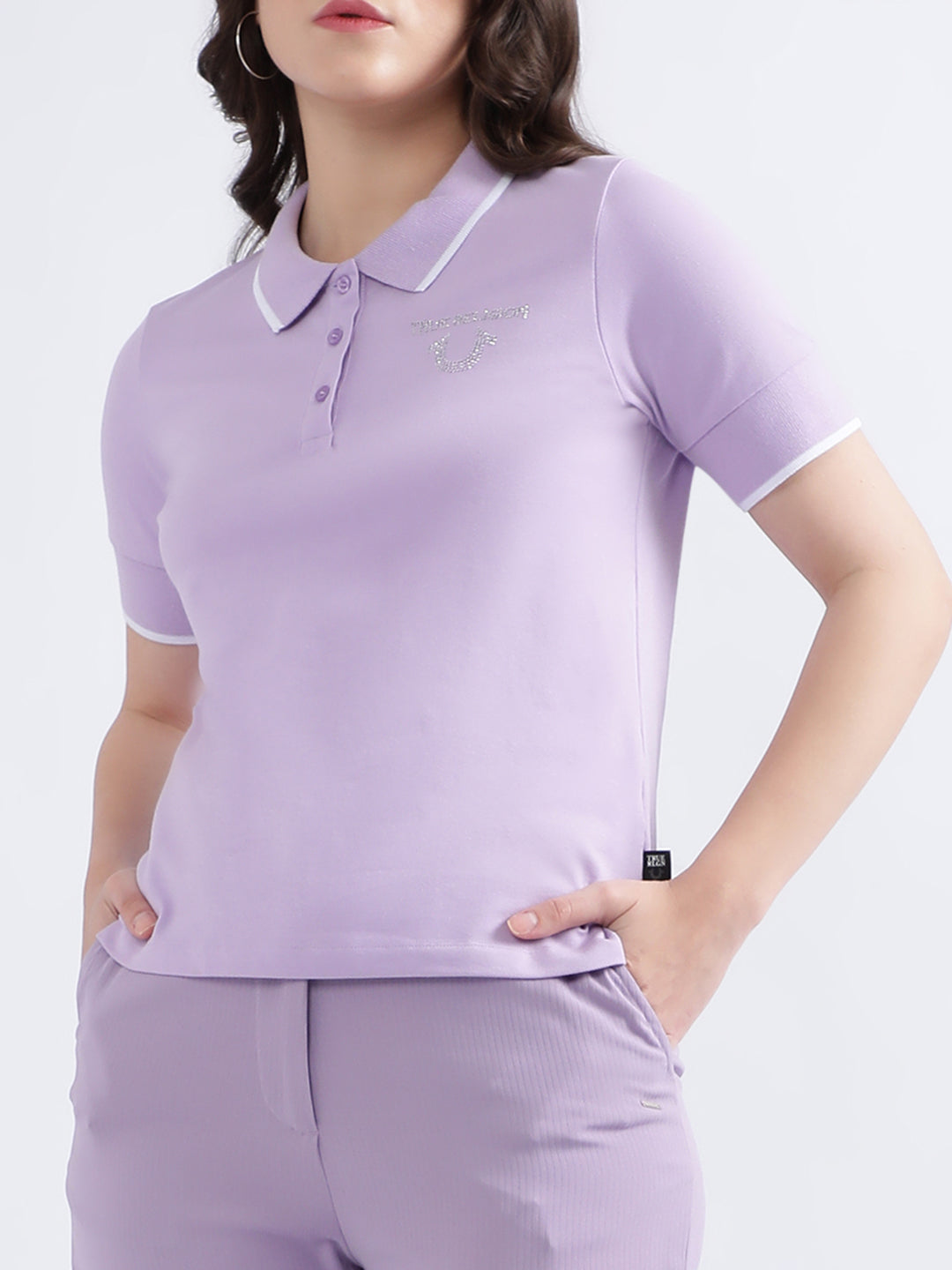 True Religion Women Lilac Solid Polo TShirt