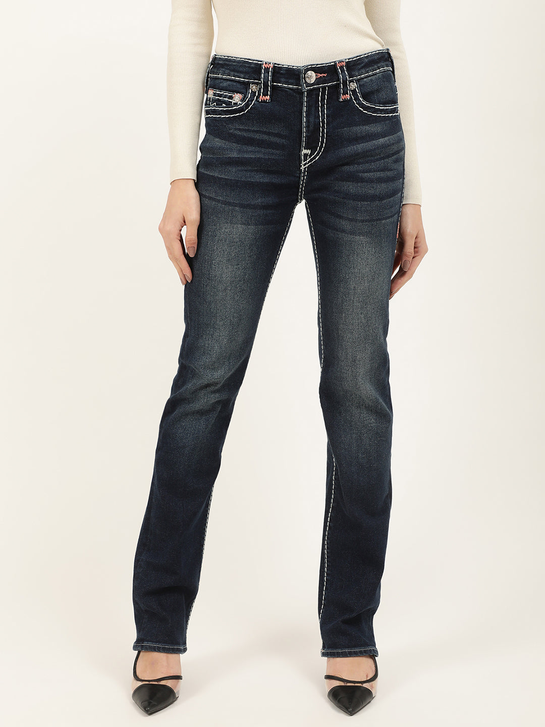 True Religion Women Blue Solid Straight Fit Jeans