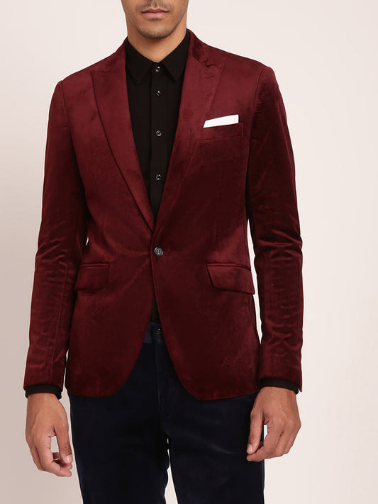 Lindbergh Men Burgundy Solid Collar Blazer