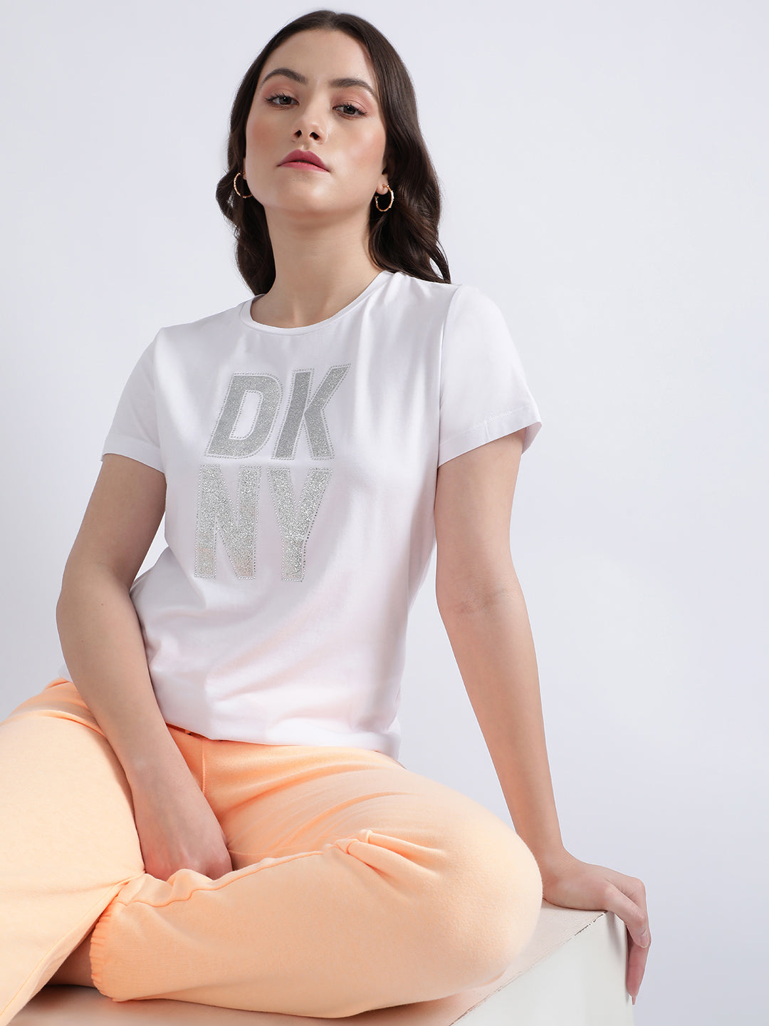 DKNY Women White Printed Round Neck TShirt