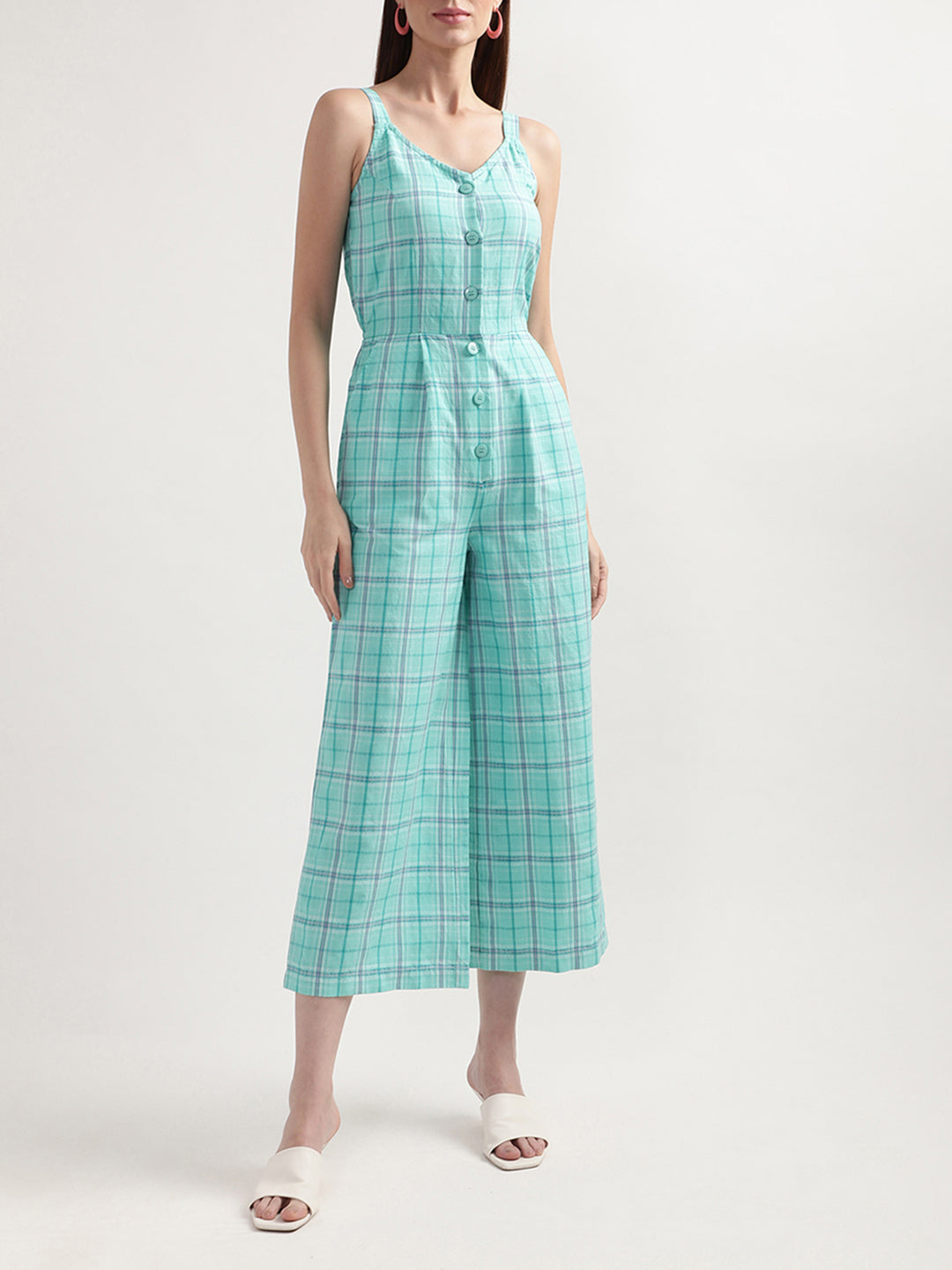 Elle Women Green Checked V Neck Jumpsuit