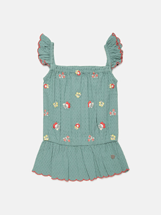 Blue Giraffe Girls Green Embroidered Square Neck Top