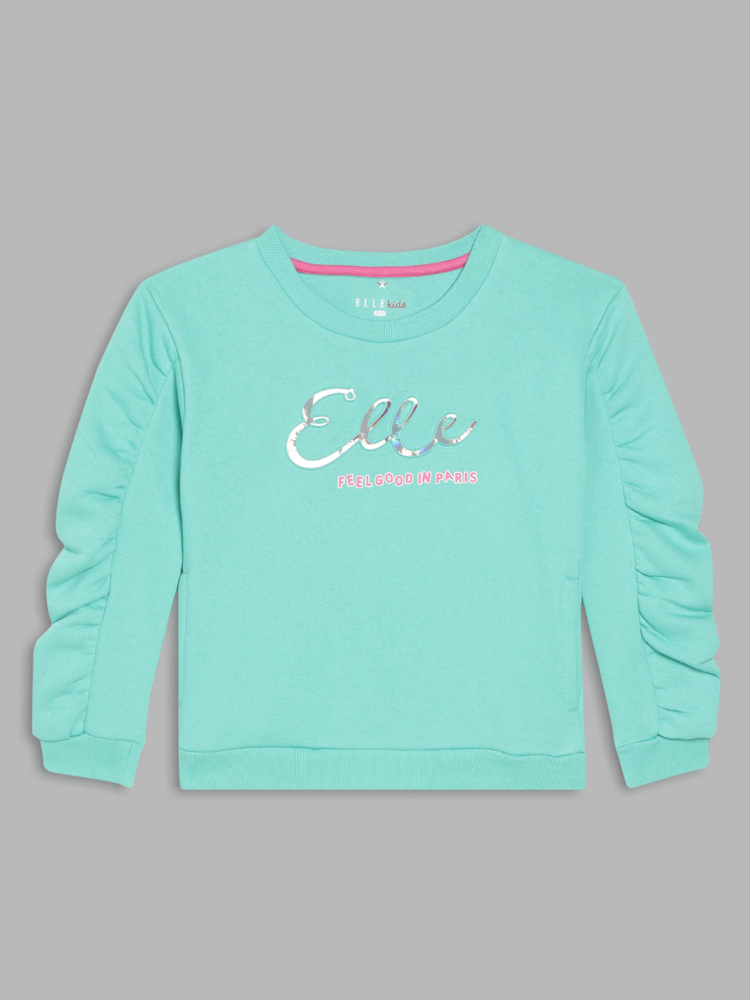 Elle Kids Girls Green Solid Round Neck Sweatshirt