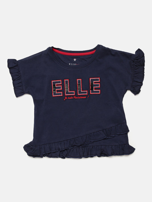 Elle Kids Girls Navy Solid Round Neck TShirt