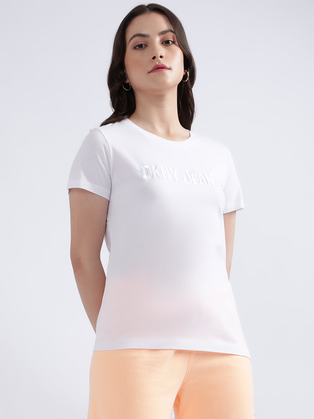 DKNY Women White Solid Round Neck TShirt