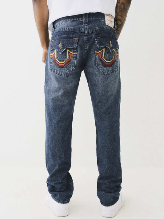 True Religion Men CROSS STITCH Ricky Straight Fit Dark Wash Jeans