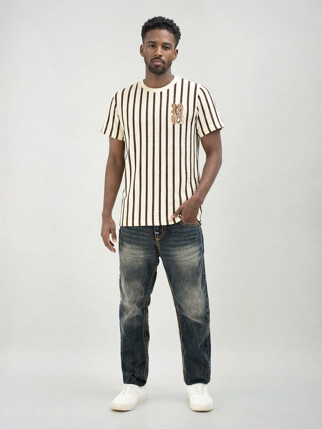 True Religion Men Beige Striped Regular Fit T-Shirt