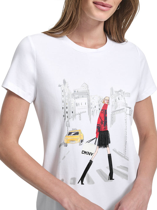 DKNY Women White Placement Print Round Neck Tshirt