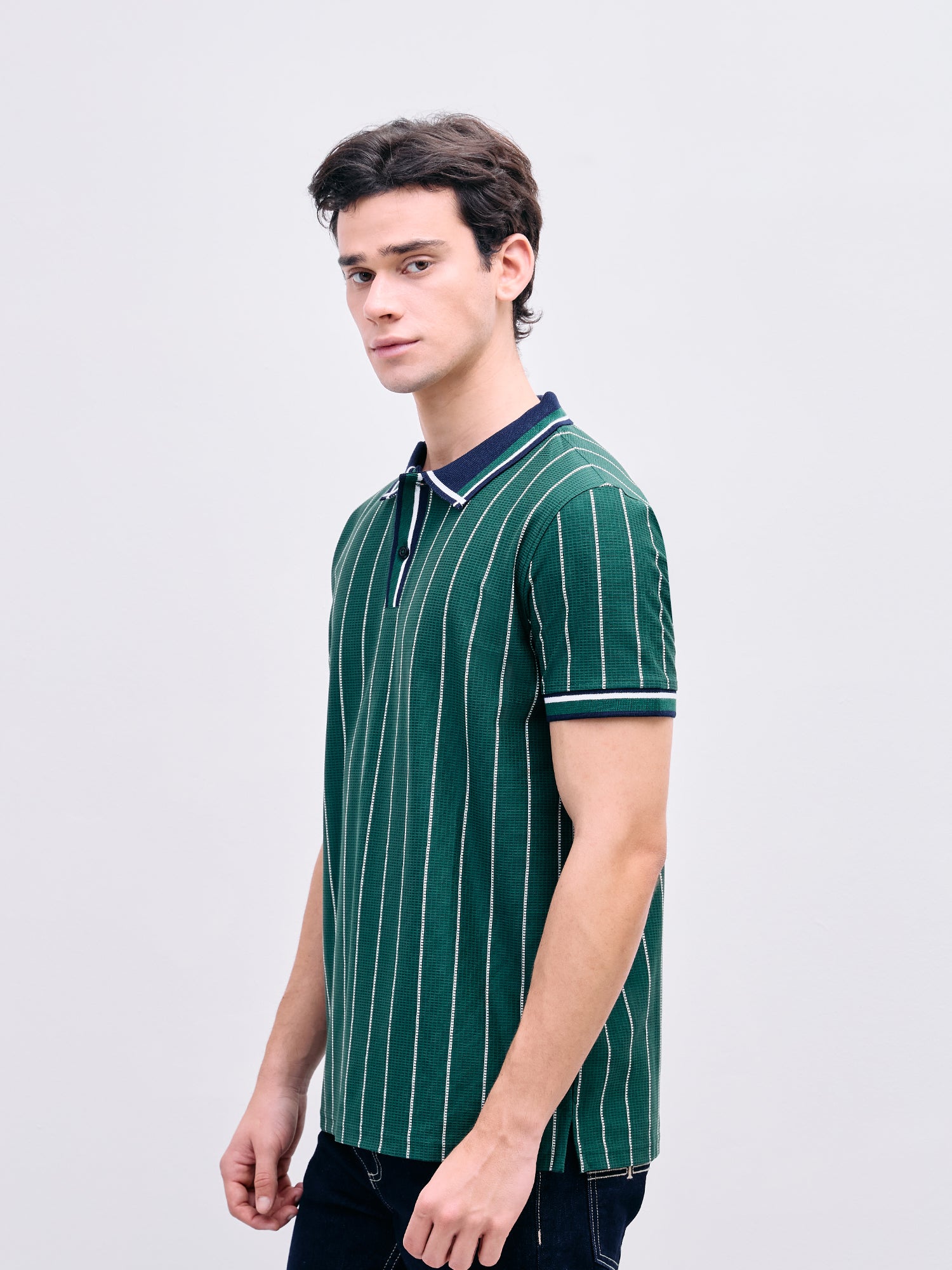 Iconic Men Green Striped Polo Tshirt