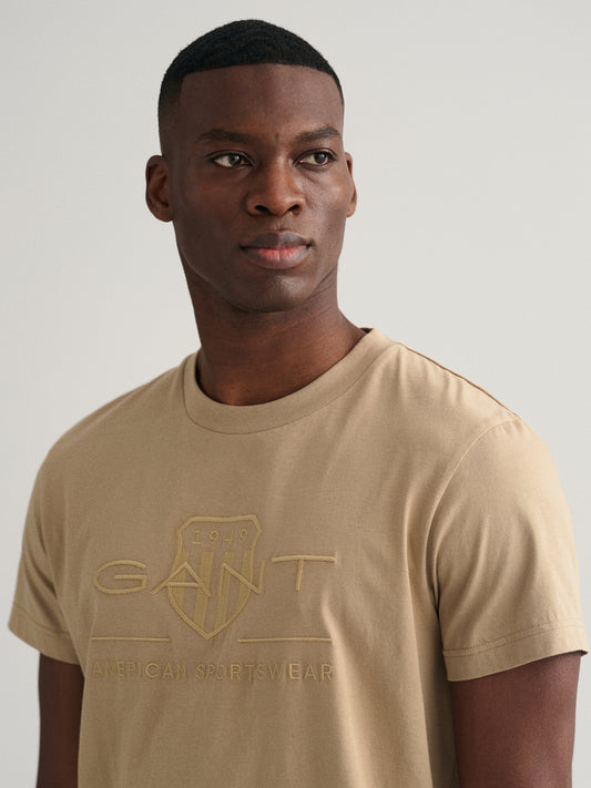 Gant Men Beige Solid Round Neck Short Sleeves T-Shirt