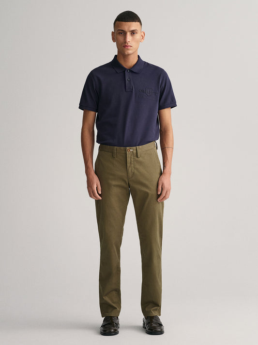 Gant Men Olive Solid Slim Fit Mid-Rise Trouser