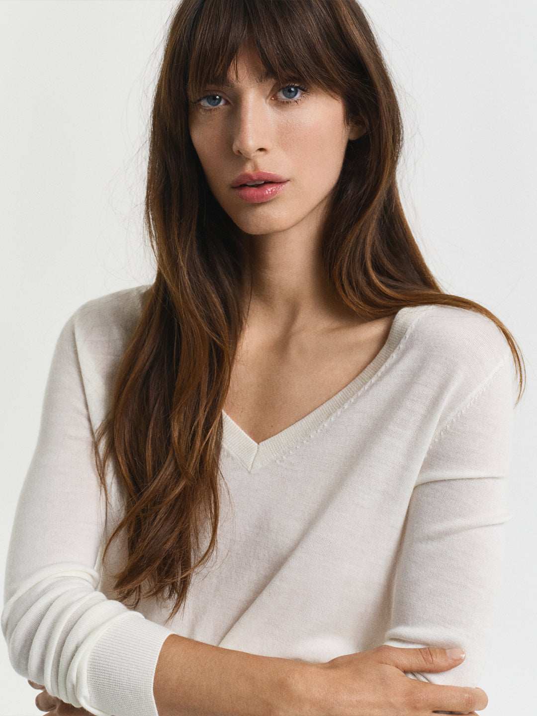 Gant Women Cream Solid V Neck Sweater