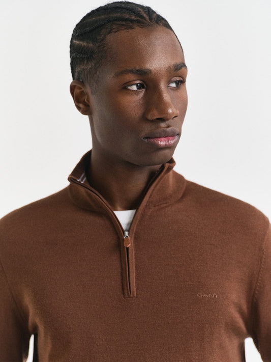 Gant Men Brown Solid Half Zip Sweater