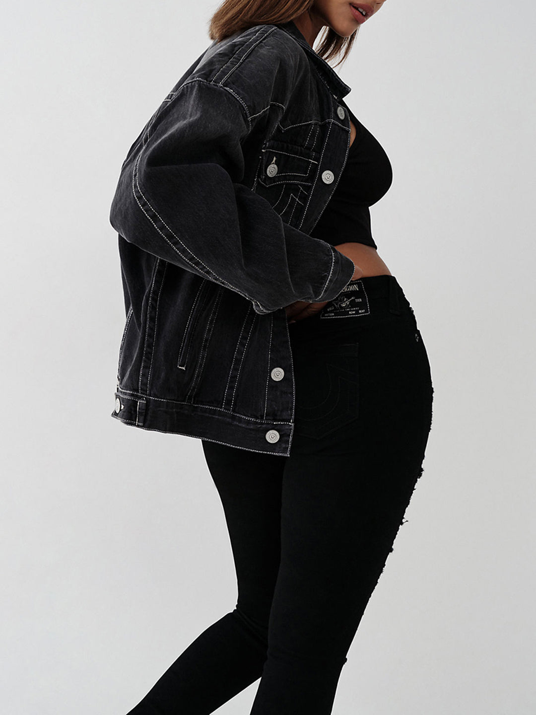 QUAIN - Set: Collared Washed Button-Up Crop Denim Jacket + High Waist Loose  Fit Jeans | YesStyle