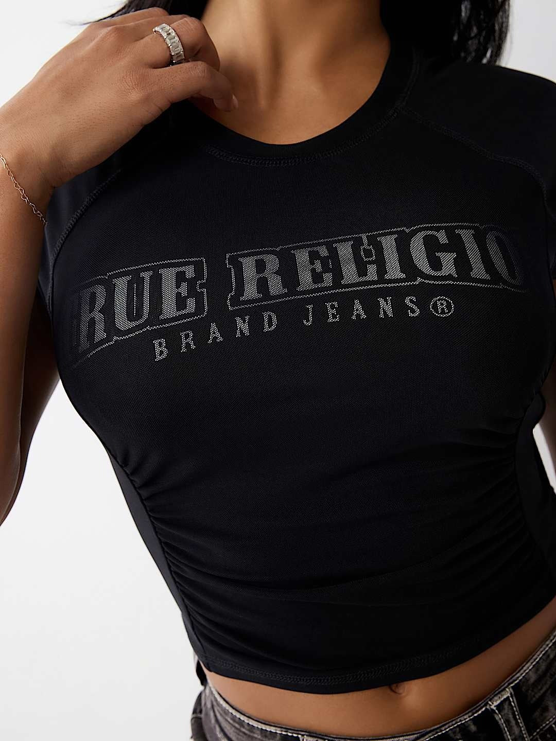 True Religion Women Black Solid Round Neck Top