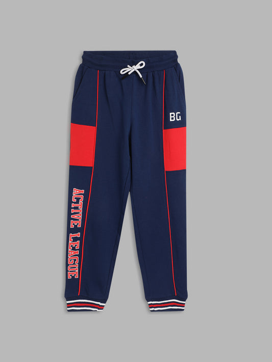 Blue Giraffe Boys Navy Blue Printed Straight Fit Mid-Rise Jogger Style Track Pants
