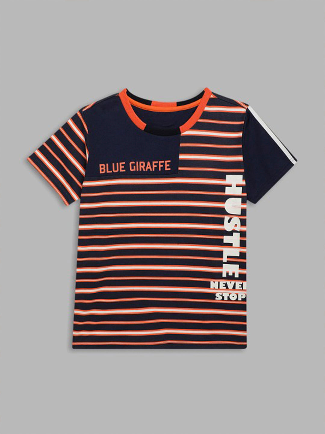 Blue Giraffe Boys Orange Striped Round Neck Short Sleeves Tshirt