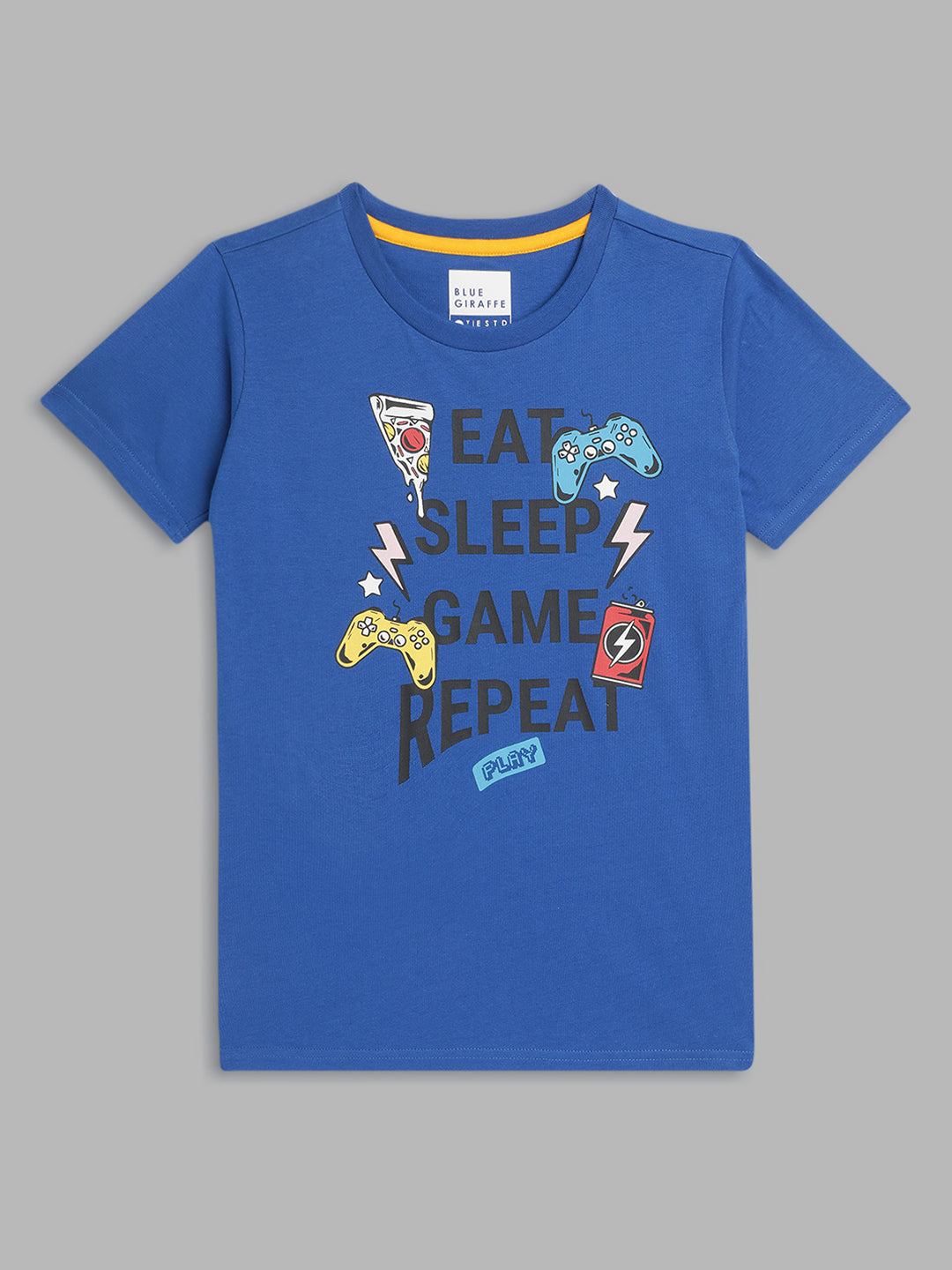 Blue Giraffe Boys Blue Printed Round Neck Short Sleeves Tshirt