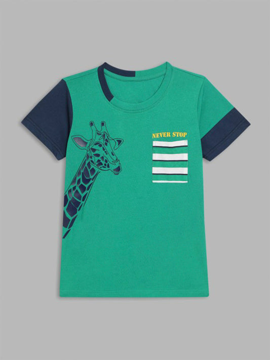Blue Giraffe Boys Green Printed Round Neck Short Sleeves Tshirt