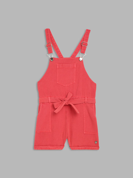Blue Giraffe Girls Red Solid Square Neck Playsuit