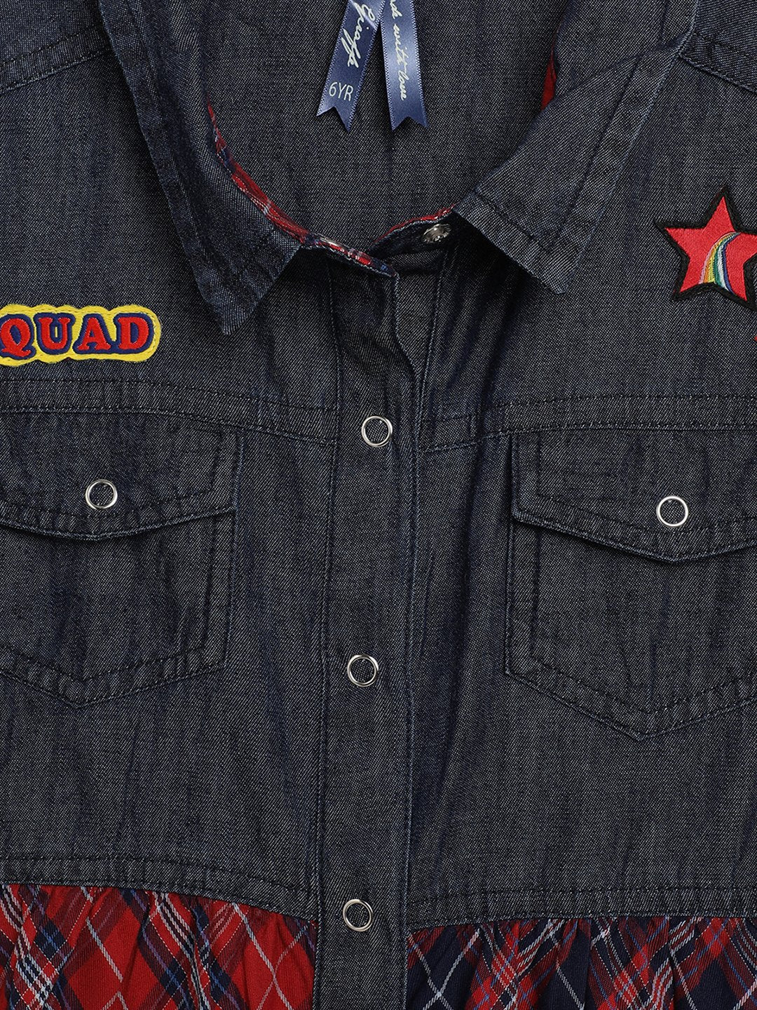 Blue Giraffe Girls Multicolor Checked Spread Collar Short Sleeves Shirt Dress