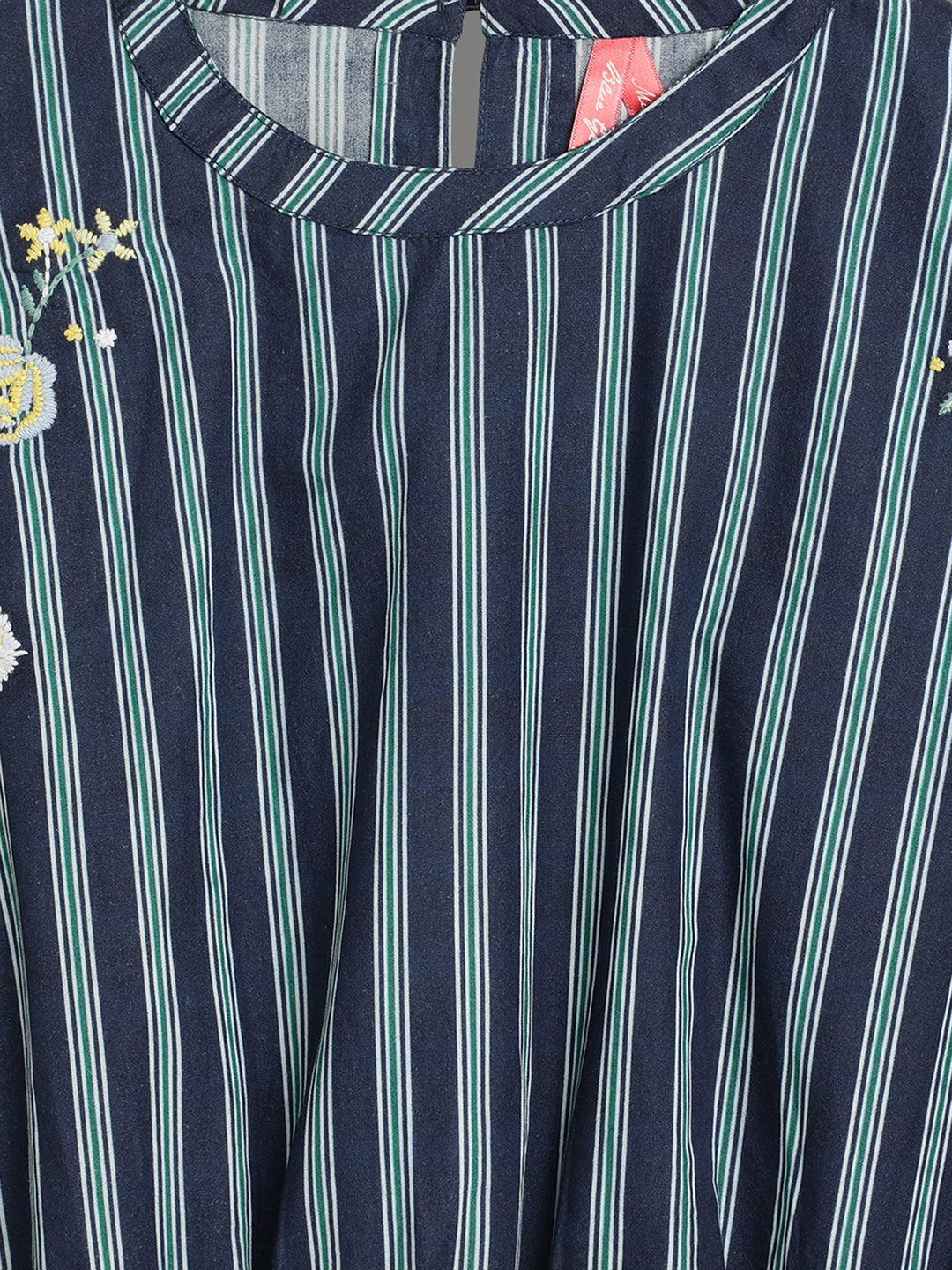 Blue Giraffe Girls Blue Striped Round Neck Short Sleeves Top