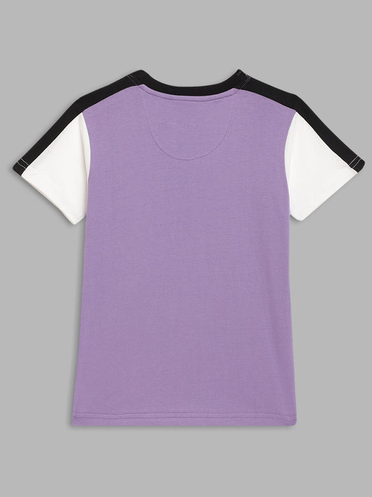 Blue Giraffe Boys Purple Color-Blocked Round Neck Short Sleeves Tshirt