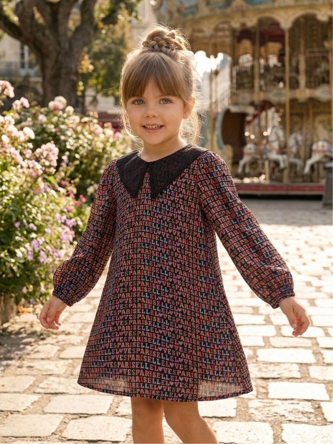 Elle Kids Girls Black Printed V Neck Dress