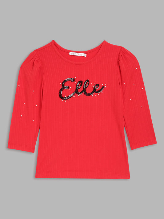 Elle Kids Girls Red Solid Round Neck TShirt