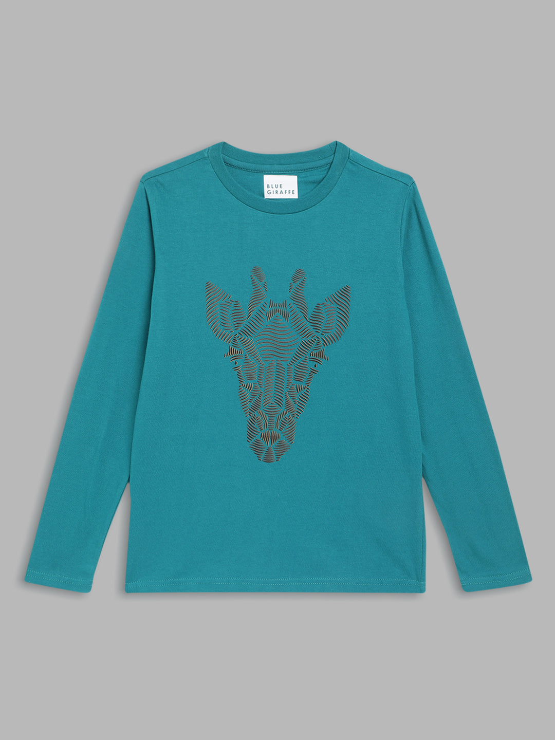 Blue Giraffe Boys Teal Printed Round Neck Full Sleeves Tshirt