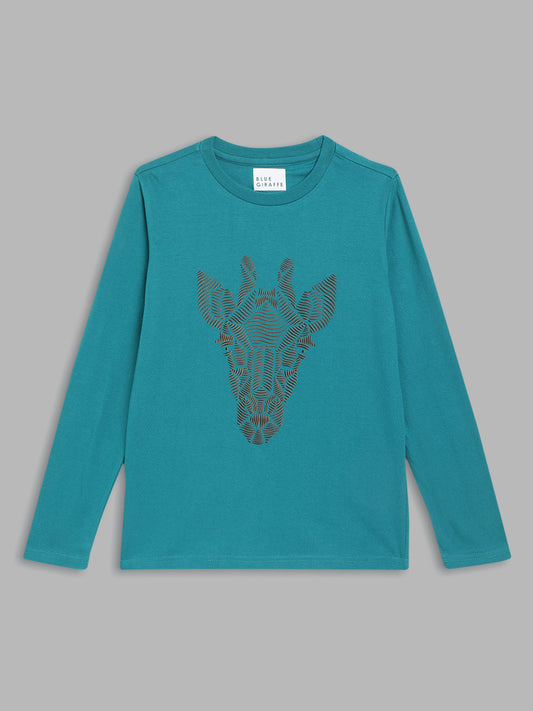 Blue Giraffe Boys Teal Printed Round Neck Full Sleeves Tshirt