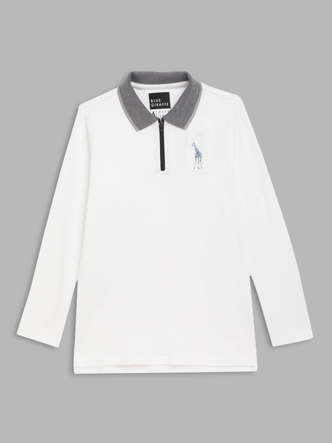 Blue Giraffe Boys White Solid Polo Collar Full Sleeves Tshirt